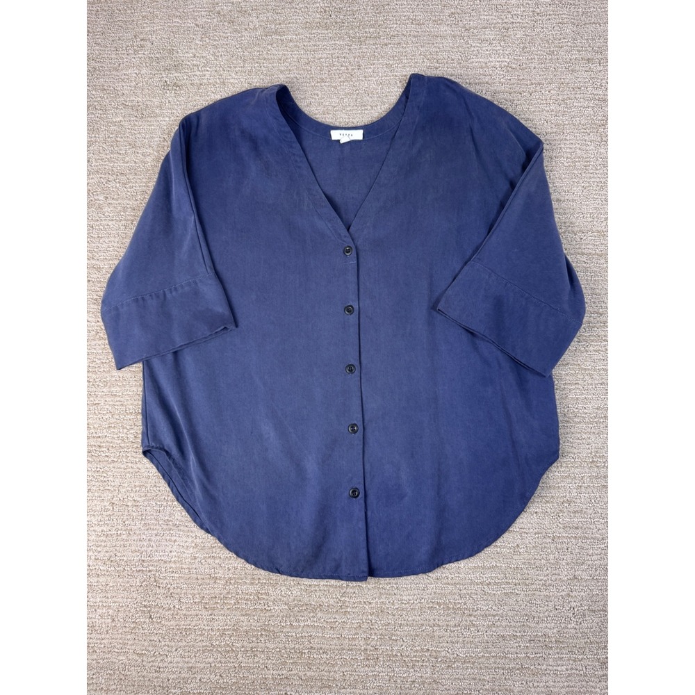 VETTA Capsule Navy Blue 100% Tencel Short Sleeve Button Down Blouse Top USA Made